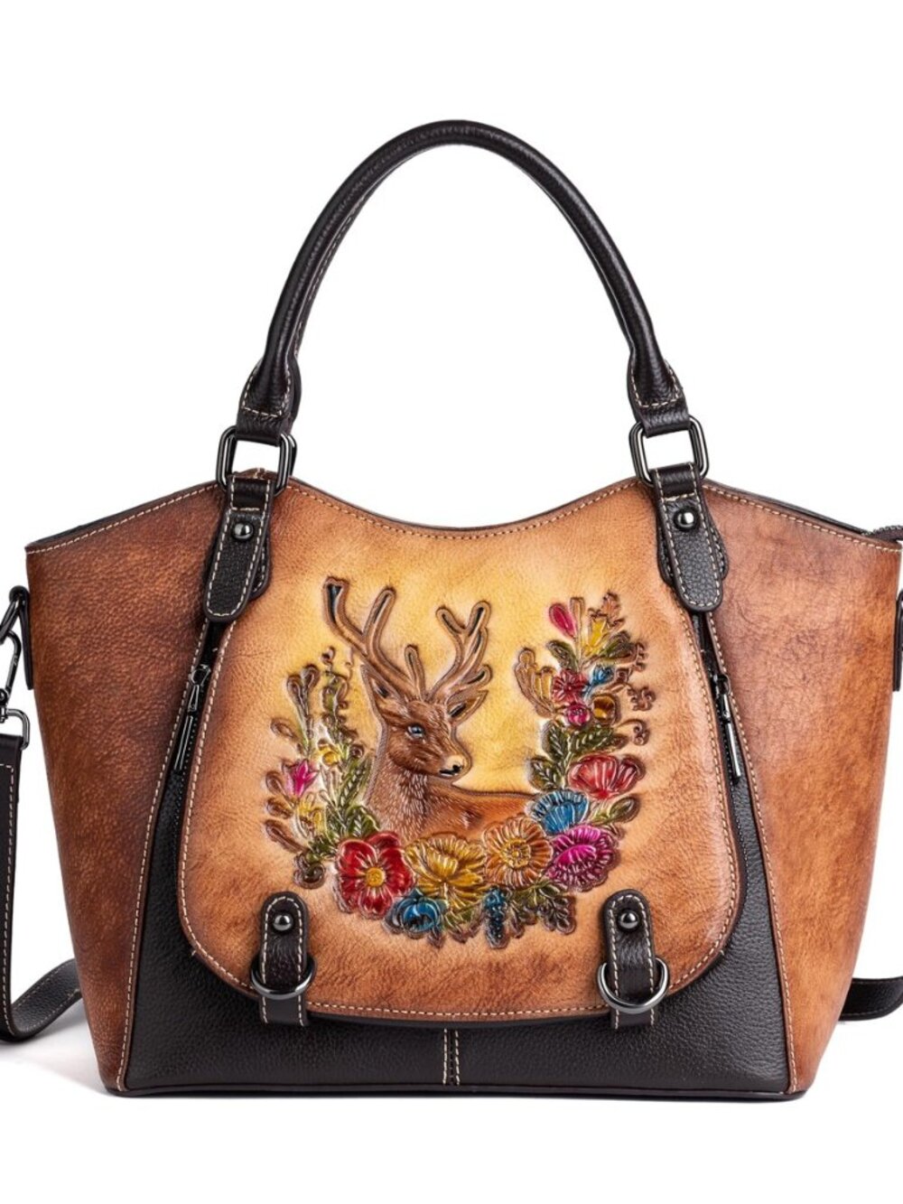 Vintage Genuine Leather Satchel Handbag for Women – Hand-Embossed Floral Deer